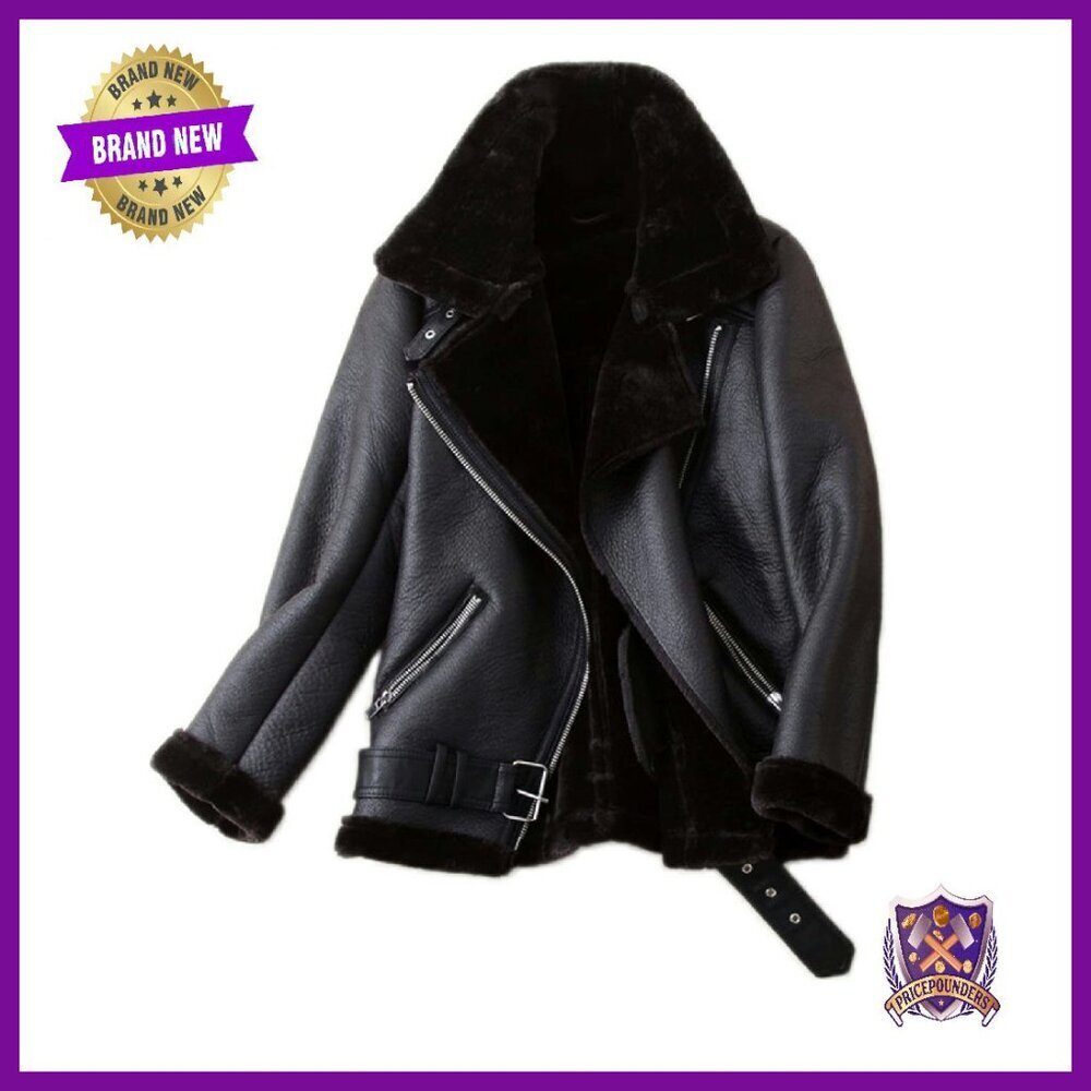 Faux Shearling Moto Jacket Lined Parka Winter Coat Leather Style